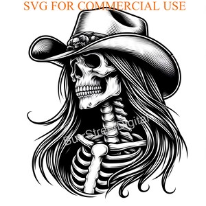May include: Black and white illustration of a skull wearing a cowboy hat with long flowing hair. The skull has a detailed ribcage and a toothy grin.