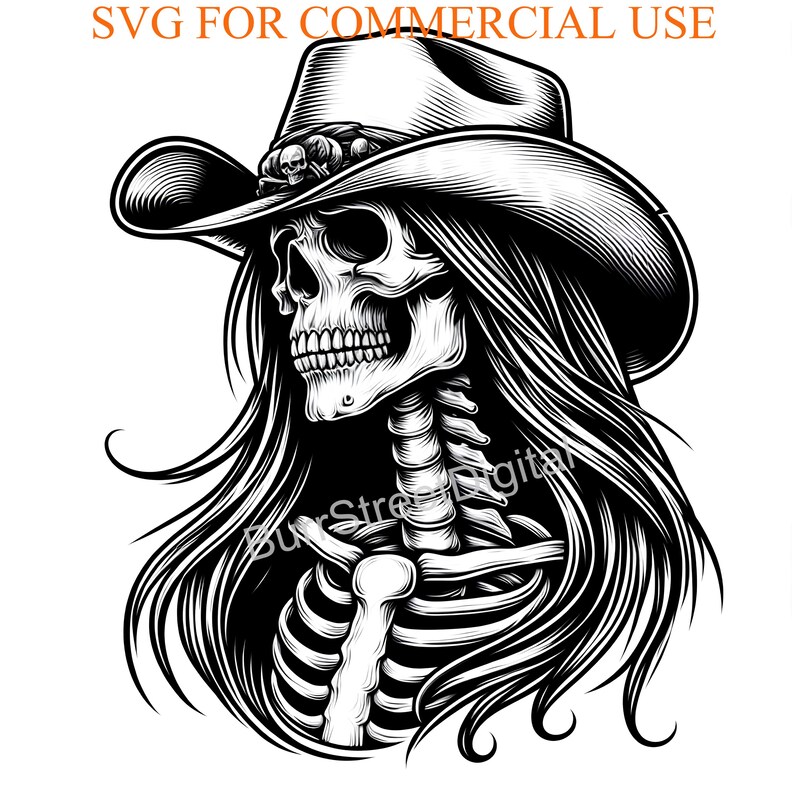 May include: Black and white illustration of a skull wearing a cowboy hat with long flowing hair. The skull has a detailed ribcage and a toothy grin.