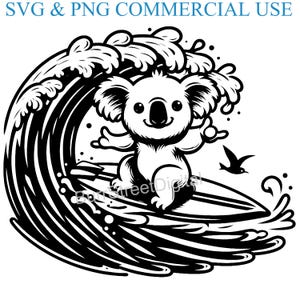 May include: A black and white illustration of a koala riding a surfboard on a wave. The koala is smiling and has its arms outstretched. The wave is crashing behind the koala.