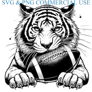 May include: Black and white illustration of a tiger holding a football in its paws. The tiger has a fierce expression and is looking directly at the viewer.