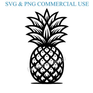 May include: Black and white pineapple design. The image features a detailed illustration of a pineapple, with a textured body and spiky crown. The text "SVG & PNG COMMERCIAL USE" is at the top.