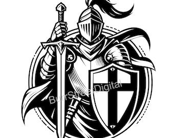 May include: Black and white illustration of a knight in armor holding a sword and shield. The shield has a cross on it.