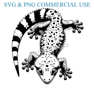 May include: Black and white illustration of a gecko with a spotted body and a striped tail. The gecko is facing the viewer with its head tilted slightly to the side.