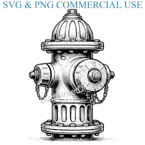 Puede incluir: Ilustración en blanco y negro de una boca de incendios. La boca de incendios tiene una parte superior redonda con una serie de crestas y una válvula grande y redonda en la parte delantera. La boca de incendios está conectada a una cadena.