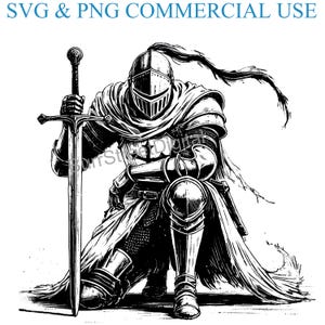 May include: Black and white illustration of a kneeling knight in armor holding a sword. The knight is wearing a helmet and a cloak. The sword is held upright in front of the knight.