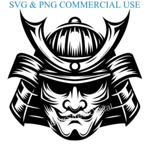 May include: Black and white illustration of a samurai warrior wearing a helmet and armor. The warrior's face is visible and has a serious expression.