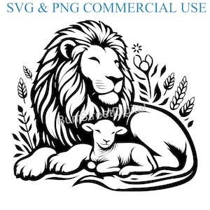 May include: Black and white illustration of a lion with a lamb resting on its back. The lion has a mane and the lamb has a curly tail. The image is set against a background of stylized foliage.