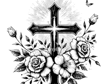 Cross SVG & PNG Digital Files, Vector Graphic Design Print Laser Engrave Files, Instant Digital Download, Flowers
