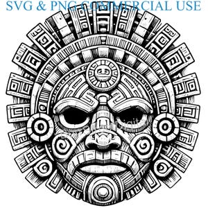 May include: Black and white line art illustration of a stylized Aztec mask with geometric patterns and a fierce expression.