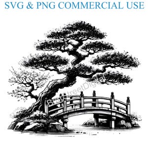 May include: Black and white line art illustration of a Japanese garden scene with a bonsai tree and a wooden bridge.