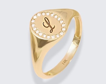 14K Gold Diamond Pave Oval Signet Ring: Personalized Initial Pinky Ring