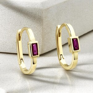Handmade 14K Solid Gold Minimalist Hoop Earrings / Huggie Hoop Earrings With Baguette Ruby / Minimalist Fine Jewelry / Birthday Gift for Her