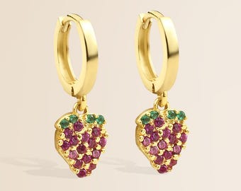 10K 14K Gold Strawberry Huggie Earrings,Solid Gold  Strawbery Ruby Earrings,Fruit Dangle Earring, Fruit Nature Summer Earring, Gift For Her