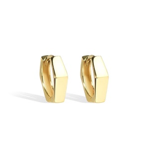 Può includere: Un paio di orecchini a cerchio esagonali in oro. Gli orecchini sono semplici e dal design moderno.
