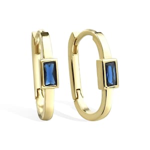 14K Solid Gold Baguette Blue Sapphire Huggie Hoop / Geometric Huggie Hoop Earrings / Handmade Minimalist Fine Jewelry /Birthday Gift for Her