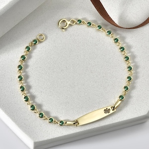 10K 14K Solid Gold Baby ID Bracelet, Personalized Baby Name Bracelet with Emerald Stone, Custom Engraved Gold Jewelry, Baby Gift for Newborn