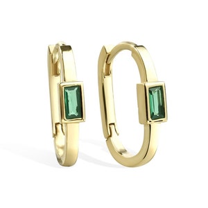 14K Gold Emerald Baguette Earrings / Real Baguette Cut Emerald Huggie Earrings / Solid 14K Gold Hoop Earrings / Gift for Women and Lovers