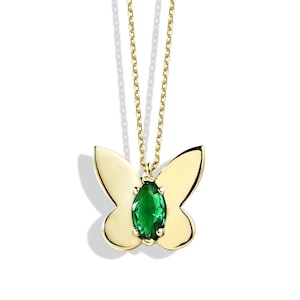 14K Gold Real Marquise Butterfly Necklace / Butterfly Pendant Necklace / Shining Butterfly Necklace with Marquise Stone / Animal Jewelry