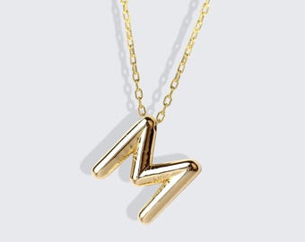 14K Solid Gold Initial Necklace, 3D Balloon Letter Charm