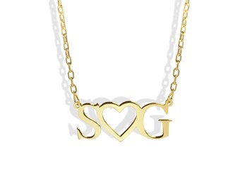 14K Solid Gold Initial Heart Necklace, Personalized Ampersand Pendant