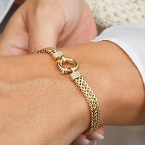 2-Strand Foxtail Chain Bracelet in 14K Gold with Sailor Clasp | 4.8mm Wheat Chain, Heart, Moon & Star Charms| Gift for Her | Anniversary