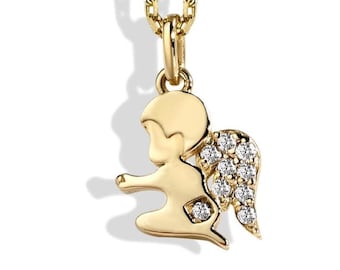 14K Gold Diamond Angel Necklace, Guardian Cupid Pendant