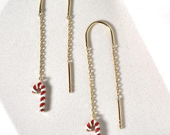 14K Solid Gold Candy Cane Earrings, Handmade Christmas Holiday Jewelry, Lightweight Festive Earrings, Unique Gift for Women