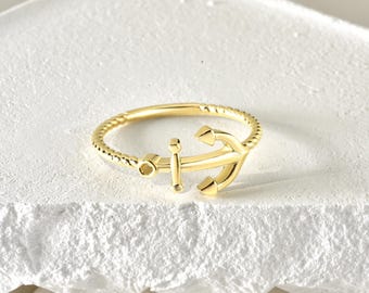 14K Solid Gold Anchor Ring, Nautical Sailor Jewelry