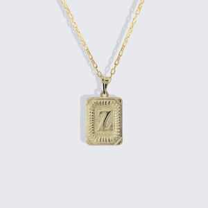 Medal Gold Initial Necklace/ 14K Gold Initial Necklace / Square Alphabet Rectangle Medallion Necklace / Personalized Medallion Necklace