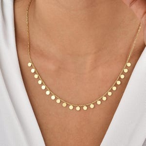 14K Solid Gold Dainty Multi Disk Necklace / Dainty Coin Dangle Choker / Shimmering Gold Chain / Minimalist Layering Necklace  / Gift for Her