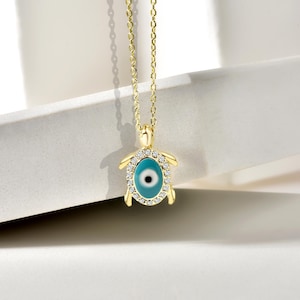 Collier tortue élégant en or massif 14 carats avec diamants / collier diamant en forme d&#39;oeil émaillé turquoise / collier tortue de mer/collier Caretta Caretta