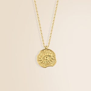 14K Gold Medallion Evil Eye Necklace | Evil Eye Talisman| Greek Jewelry | Third Eye Protection Necklace | Anniversary Gift | Gift for Her