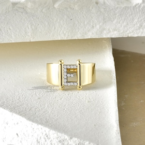 Anillo inicial personalizado de oro macizo de 14 quilates con diamantes reales / Anillo inicial personalizable de oro / Anillo de diamantes personalizado / Anillo con nombre personalizado