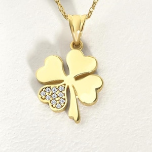 Four Leaf Clover  0.07 ct Diamond Necklace, 10K & 14K Solid Gold Lucky Charm Pendant, Minimalist Everyday Jewelry, Gift for Wife or Mom