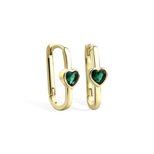 14K Solid Gold Emerald Huggie Heart Earrings  / Heart-Shaped Dangle Earrings for Women / Minimalist Gold Jewelry / Perfect Emerald Gift