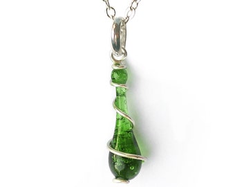 Silver-Wrapped Short Emerald Green Glass Droplet Pendant // Sundrop Jewelry