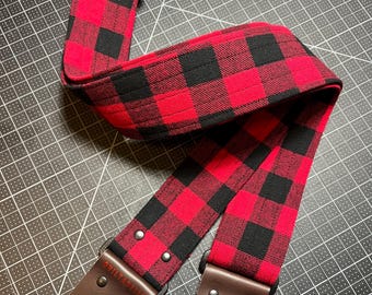 Flannel Red & Black Buffalo Check handmade guitar strap/limited edition