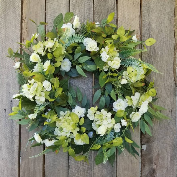 Spring wreath, Neutral all seasons wreath for front door, Rose and hydrangea Summer garden Country farmhouse wreath, Green and white wreath