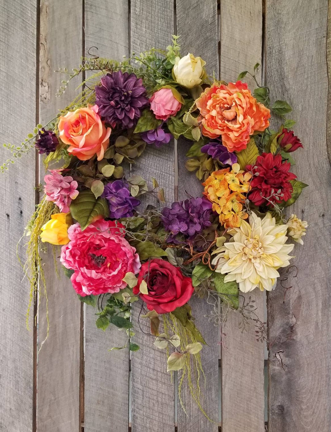 Colorful Peony Wreath for Front Door, Hydrangea Wreath, Country