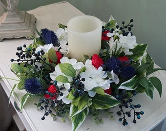 Patriotic Candle Wreath, Floral Accent  Wreath,  Small Wreath, Door Decor, Table Decor, Fourth of July Decorations, Memorial Day, Patriotic