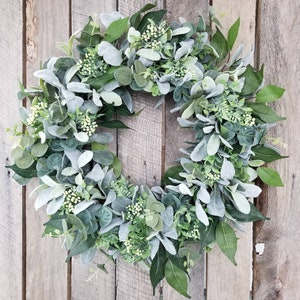 Lamb's Ear all seasons green wreath for front door, Country farmhouse wreath, Greenery wreath,  winchesterwendy, Client gifts, Realtor gifts