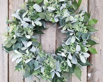 Lamb's Ear all seasons green wreath for front door, Country farmhouse wreath, Greenery wreath,  winchesterwendy, Client gifts, Realtor gifts