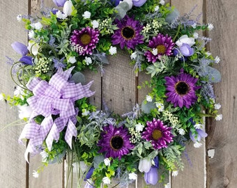 Summer wreath for door, Victorian wreath, Purple flower wreath, romantic floral wreath, winchesterwendy, Lavender, Daisies, Wreath for door