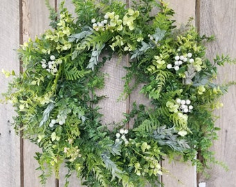 Neutral all seasons wreath for door, fern and berries wreath, country farmhouse wreath, greenery wreath, realtor client gift, new home gift