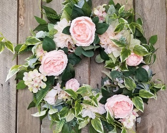Roses Summer Wreath For Front Door, Hydrangea, Dahlias, Fern, Vines petal pink Wreath, Country Garden Farmhouse Wreath, winchesterwendy