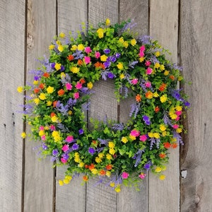 Colorful Spring wreath for door, Boxwood flower wreath, Purple, pink, orange, and yellow flower wreath, winchesterwendy, Wendy's Wreaths