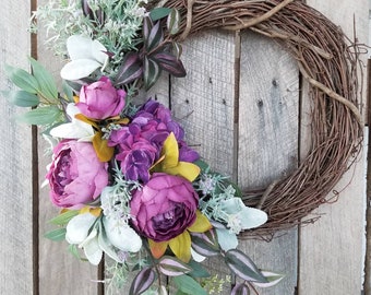 Purple peony wreath for door, All seasons wreath, Lambs Ear wreath, wreath with flowers, Spring floral wreath, Realtor client gift, Mom gift