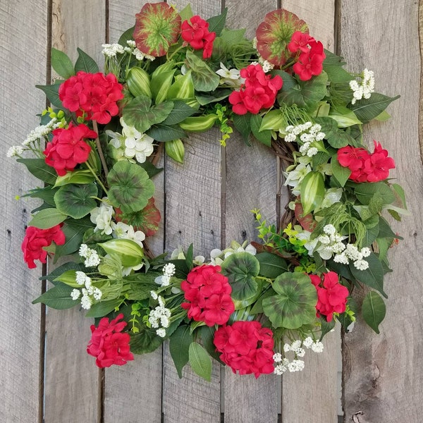 Red Geranium Spring Summer Country Farmhouse Wreath for door, Summer wreath with red and white flowers, winchesterwendy, Grapevine wreath