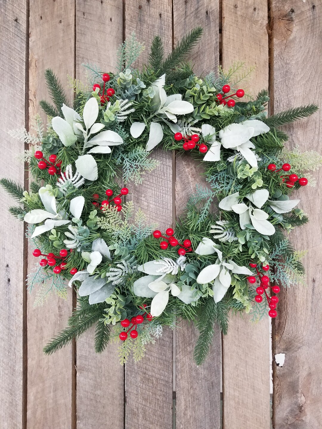 Christmas Evergreen, Lambs Ear, Holiday Wreath With Red Berries for ...