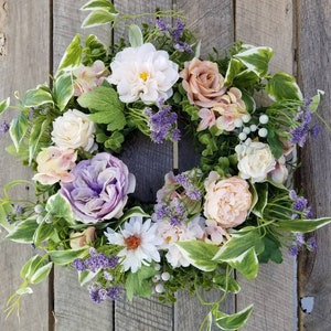 Spring wreath for door, petite country farmhouse wreath, roses wreath, hydrangea wreath, realtor client gift, birthday gift, gift for her